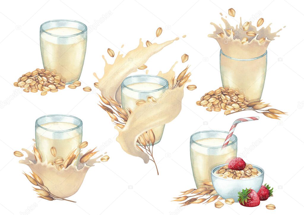 Watercolor collection of plant based oat milk in the glasses decorated with cereals.