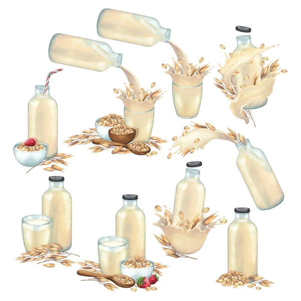 玻璃瓶和装有燕麦、谷类和碗的杯子中植物奶的水彩画. — 图库照片