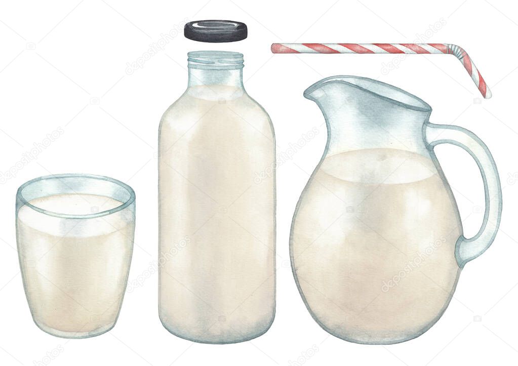 Watercolor collection of the plant based milk in the glass, jug and bottle