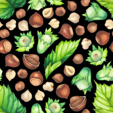 Fındık yapraklarının ve fındıkların dikişsiz deseni suluboya.