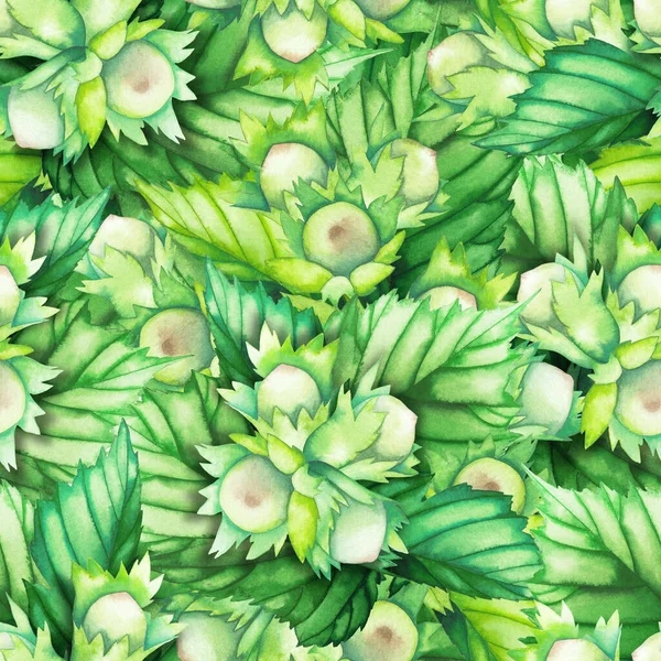 ヘーゼルナッツの葉やナッツの水彩シームレスパターン. — ストック写真