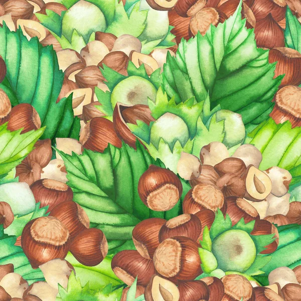 ヘーゼルナッツの葉やナッツの水彩シームレスパターン. — ストック写真