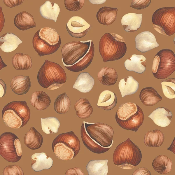Akvarel bezešvný vzor otevřených a uzavřených lískových ořechů. — Stock fotografie