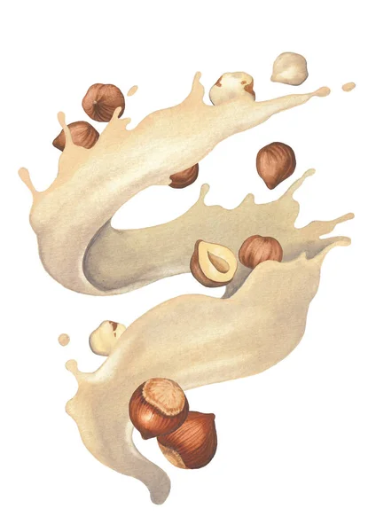 Акварельный поток растительного молока с фундуком. — стоковое фото