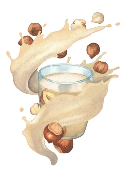 Akvarell mjölkström med hasselnötter som rinner runt glaset. — Stockfoto