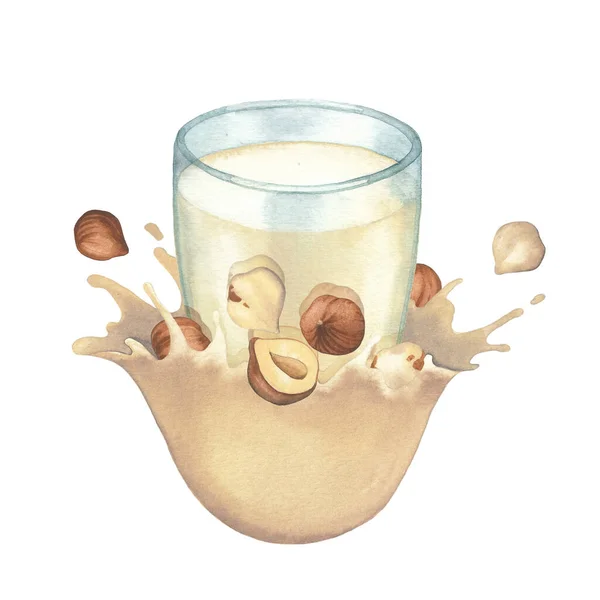 Akvarelové sklo rostlinného mléka zdobené cákancemi a lískovými ořechy — Stock fotografie