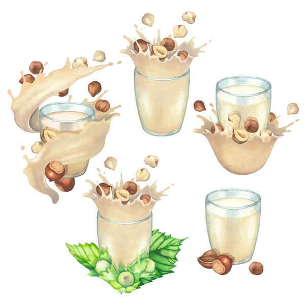 Aquarel collectie van plantaardige melk in de glazen versierd met hazelnoten en spatten — Stockfoto