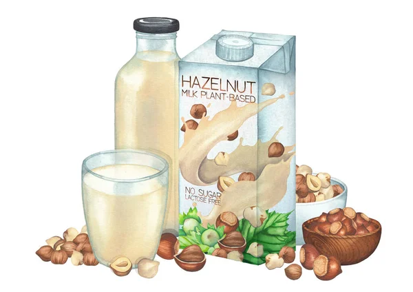 Akvarelová krabička z rostlinného mléka zdobená sklem, lahví, lískovými listy a ořechy. — Stock fotografie