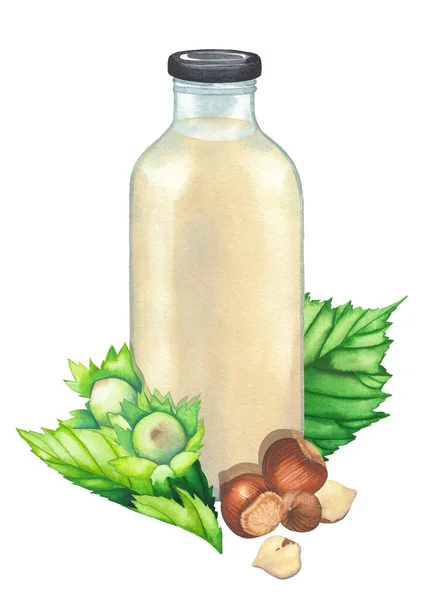 Watercolor glass bottle of the plant based milk surrounded by hazelnuts — Stock Photo, Image