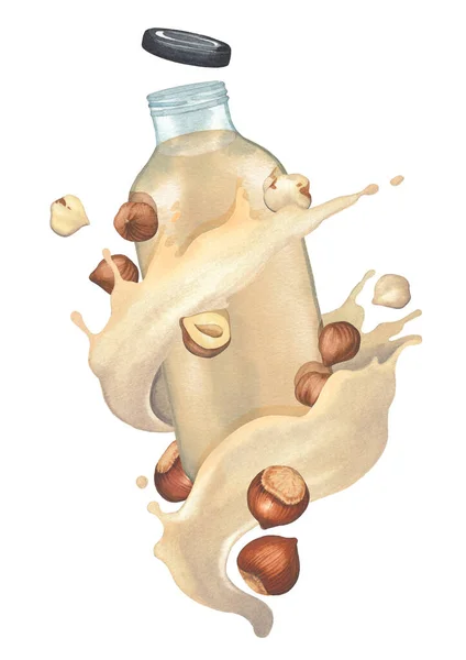 Akvarell mjölkström med hasselnötter som rinner runt glasflaskan. — Stockfoto