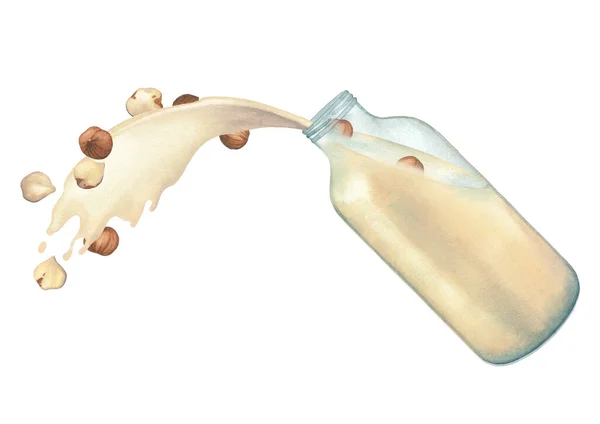 Waterverf plantaardige melk gieten uit de glazen fles. — Stockfoto