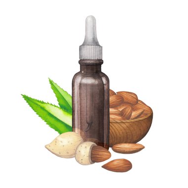 Badem fıstığı ve yapraklarla süslenmiş suluboya cam şişe.