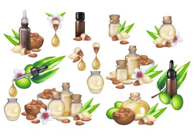 Badem fıstığı, yaprak, meyve ve çiçeklerle süslenmiş temel yağdan suluboya cam şişeler..