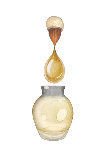 Watercolor drop of essential oil falling from the almond nut into the glass bottle. — Stock Photo, Image