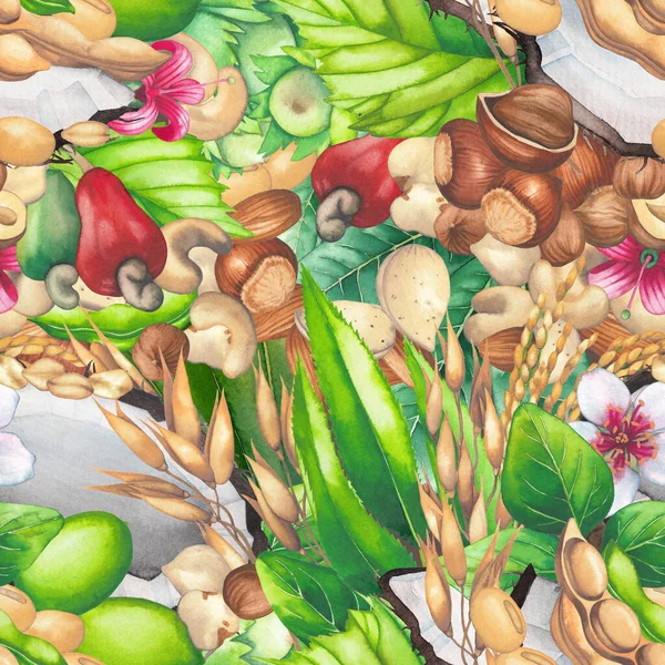 ココナッツ、大豆、米、オート麦、ヘーゼルナッツ、カシューナッツ、アーモンドの水彩シームレスパターン — ストック写真