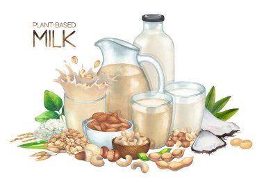 Suluboya bardakları, şişe ve süte dayalı çeşitli doğal malzemelerle süslenmiş bitki sütü..