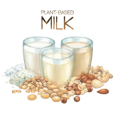 Üç suluboya bardak, çeşitli malzemelerle süslenmiş bitki sütü..