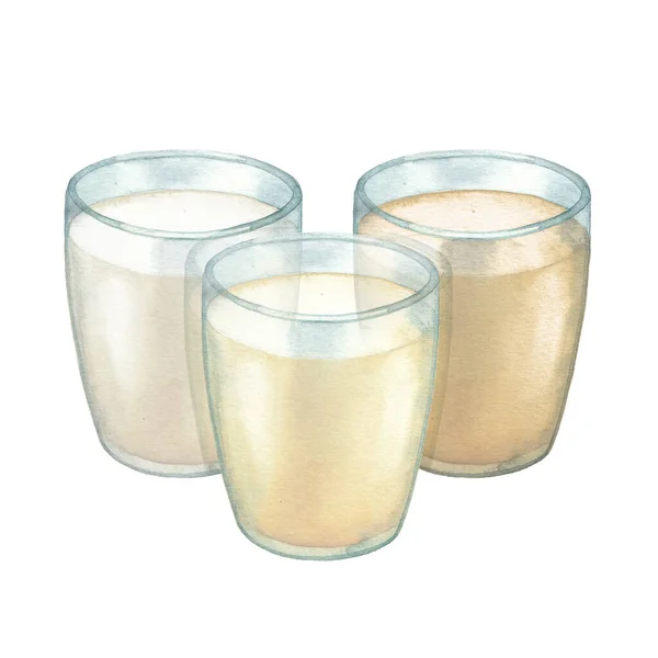 Tres vasos de acuarela de varias especies de una leche a base de plantas —  Fotos de Stock