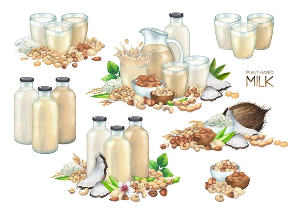 Vízfestékes szemüveg, palack és kancsó növényi alapú tejből, különböző természetes összetevőkkel díszítve. — Stock Fotó