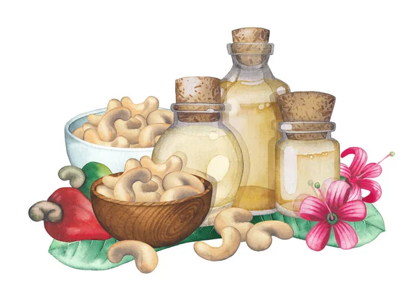 Watercolor glass bottles of the essential oil decorated with cashew nuts, leaves, fruits and flowers. — Stock Photo, Image