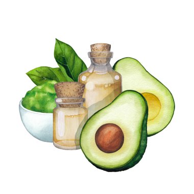 Avokado meyveleri ve yapraklarla süslenmiş suluboya yağ şişesi