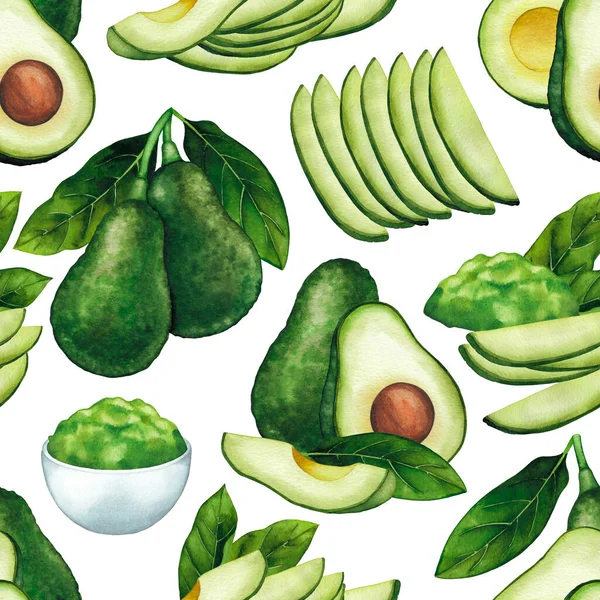 Aquarel naadloos patroon van avocado vruchten en bladeren — Stockfoto