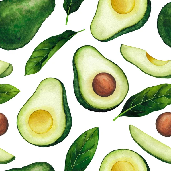 Aquarel naadloos patroon van avocado vruchten en bladeren — Stockfoto