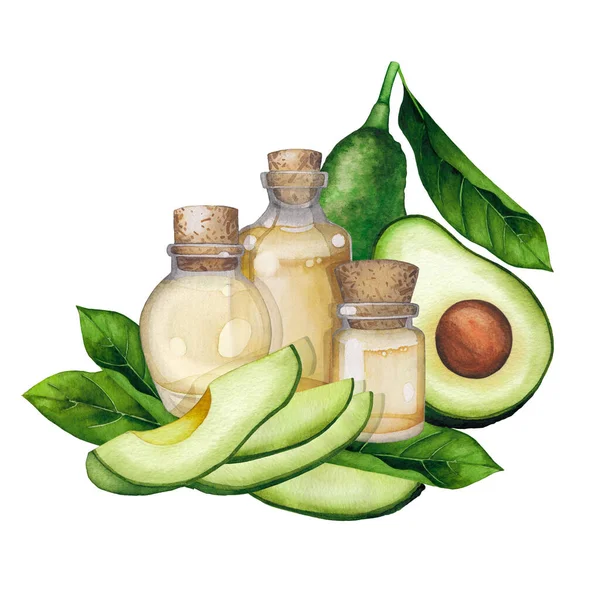 Botella de aceite esencial de acuarela decorada con frutas y hojas de aguacate —  Fotos de Stock