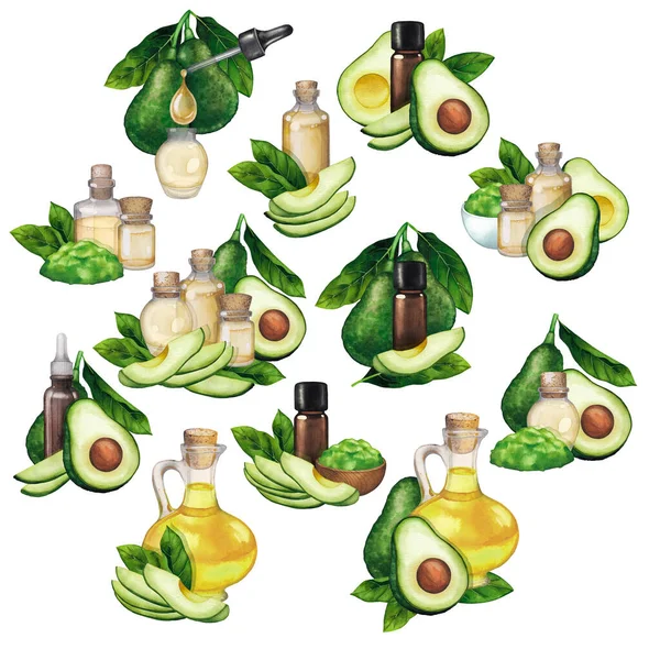 Acquerello composizioni di bottiglie di olio essenziale e avocado — Foto Stock