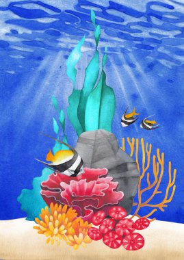 Elle boyanmış suluboya mercan resifli sualtı sahnesi