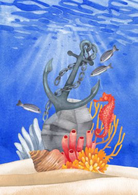 Underwater scene with hand painted watercolor coral reef clipart