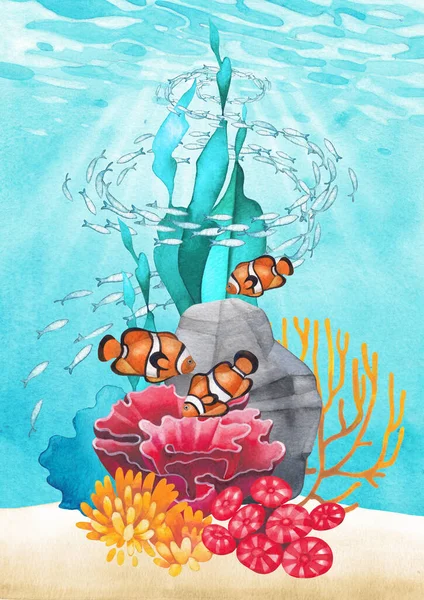 Underwater scene with hand painted watercolor coral reef — Stock Photo, Image