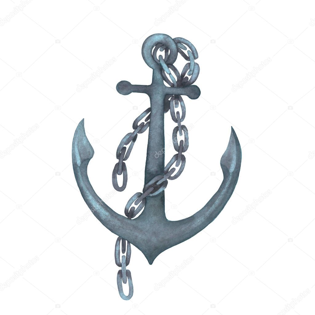 Grey watercolor anchor with the metal chain