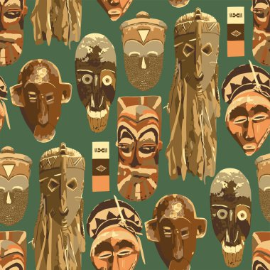 Eski ahşap maskelerin kusursuz vektör deseni.