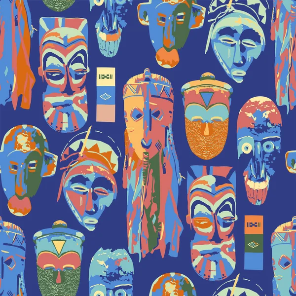 Vector seamless pattern of vintage woodenn masks. — Stock Vector