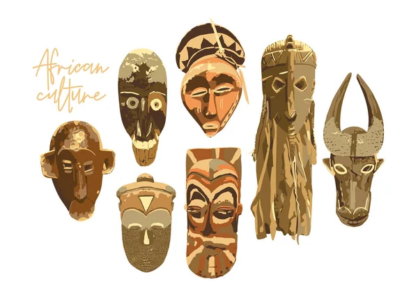 Collection of african woodenn ritual masks isolated on white background. — Stock Vector