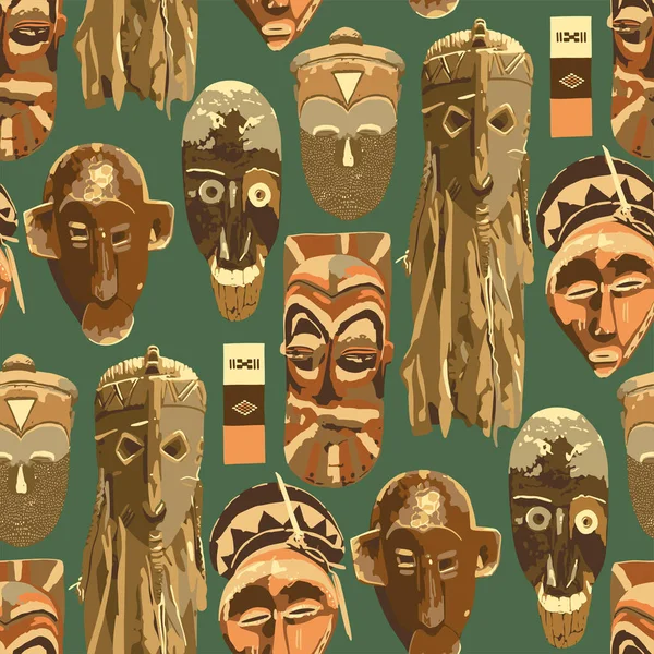 Vector seamless pattern of vintage woodenn masks. — Stock Vector