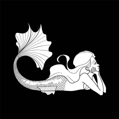 Yalan söyleyen grafiksel bir denizkızı. Yan görüş. Vektör tasarımı beyaz arkaplanda izole edildi