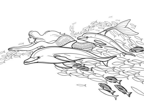 Sereia gráfica entre os golfinhos — Vetor de Stock