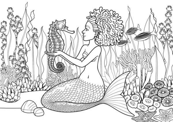 Sirena gráfica se sienta en el fondo del océano arenoso — Vector de stock