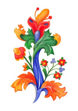 Ortaçağ botanik motiflerinden esinlenerek yapraklar ve çiçeklerden oluşan zarif bir suluboya süsü. Hassas şekilleri ve koyu renkleriyle tek bir dekoratif element, beyaz arka planda izole edilmiş.