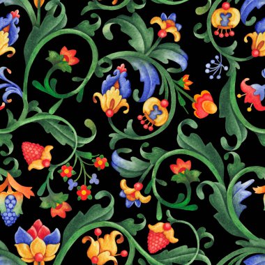 Ortaçağ çiçek süslerinden esinlenilmiş, dairesel dallardan, kıvrımlı yapraklardan ve nazik çiçeklerden oluşan zarif dikişsiz suluboya desenleri..