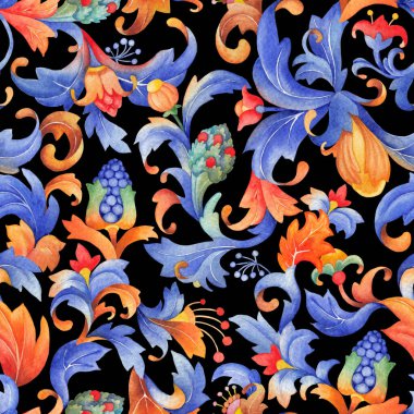 Elle boyanmış, dikişsiz suluboya desenli, gür, kıvırcık yapraklı botanik motifler, canlı çiçekler, mavi ve ılık turuncu renkli böğürtlenler, ortaçağ dekoratif tarzı.