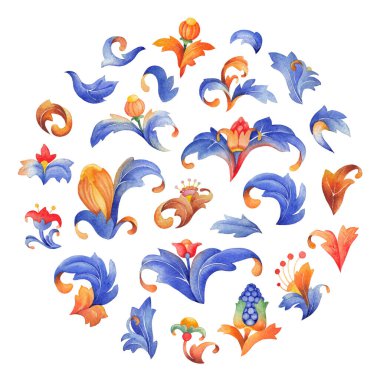 Ortaçağ bitkileri seti. Mavi ve koyu tonlarda, beyaz arkaplanda izole edilmiş elle boyanmış suluboya çiçek elementleri..