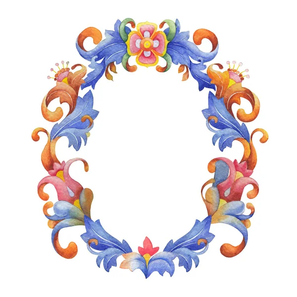 Süslü dalları ve çiçekleri olan zarif suluboya çerçeve, ortaçağ süsleme tarzıyla elle boyanmış, beyaz arka planda izole edilmiş..