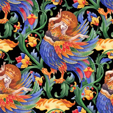 Taç giymiş parlak bir kızın suluboya desenleri. Mistik bir cennet kuşu gibi dans ediyor. Etrafı, ortaçağ minyatürlerinden esinlenilmiş bitkilerle çevrili..