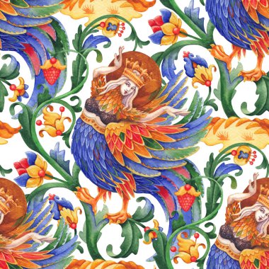 Taç giymiş parlak bir kızın suluboya desenleri. Mistik bir cennet kuşu gibi dans ediyor. Etrafı, ortaçağ minyatürlerinden esinlenilmiş bitkilerle çevrili..