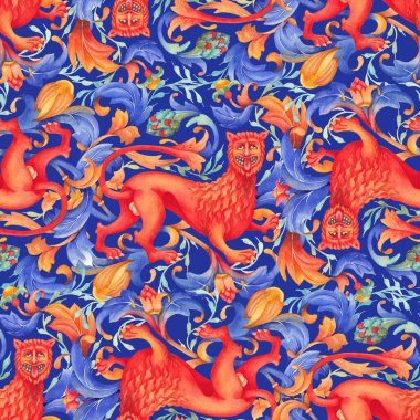 Ortaçağ minyatürlerinden esinlenerek ortaçağ aslanının kusursuz deseni.