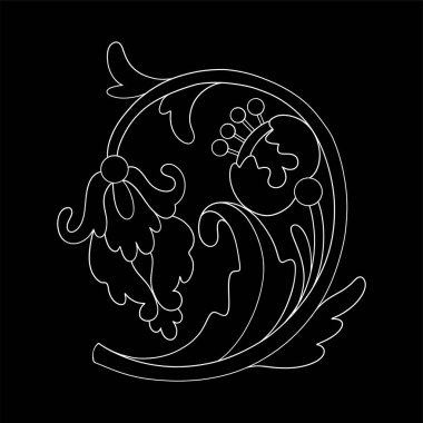 Ortaçağ botanik motiflerinden esinlenerek yapraklar ve çiçeklerden oluşan zarif bir vektör grafik süsü. Hassas şekilli, siyah arkaplanda izole edilmiş tek bir dekoratif element.