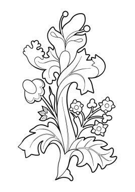 Beyaz arka planda izole edilmiş ortaçağ botanik motiflerinden esinlenerek yapraklar ve çiçeklerden oluşan zarif bir vektör grafik süsü. Renklendirme kitabı sayfa tasarımı